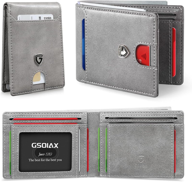 GSOIAX Slim Wallet for Men RFID Blocking Bifold Wallet Carbon Fiber Front Pocket Wallet with 11 Card Holder Minimalist Mens Wallet with Gift Box(Leather Grey) - Image 1